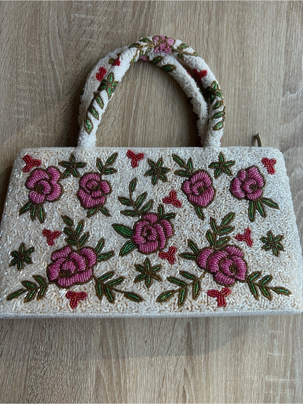 Vintage Beaded Floral Handbag Pink and White Rose - Picture 3 of 5